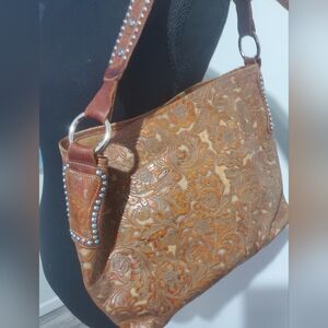 Vintage Hand Tooled Leather Purse Blue Stones Western Boho Bag Cowgirl Vibes